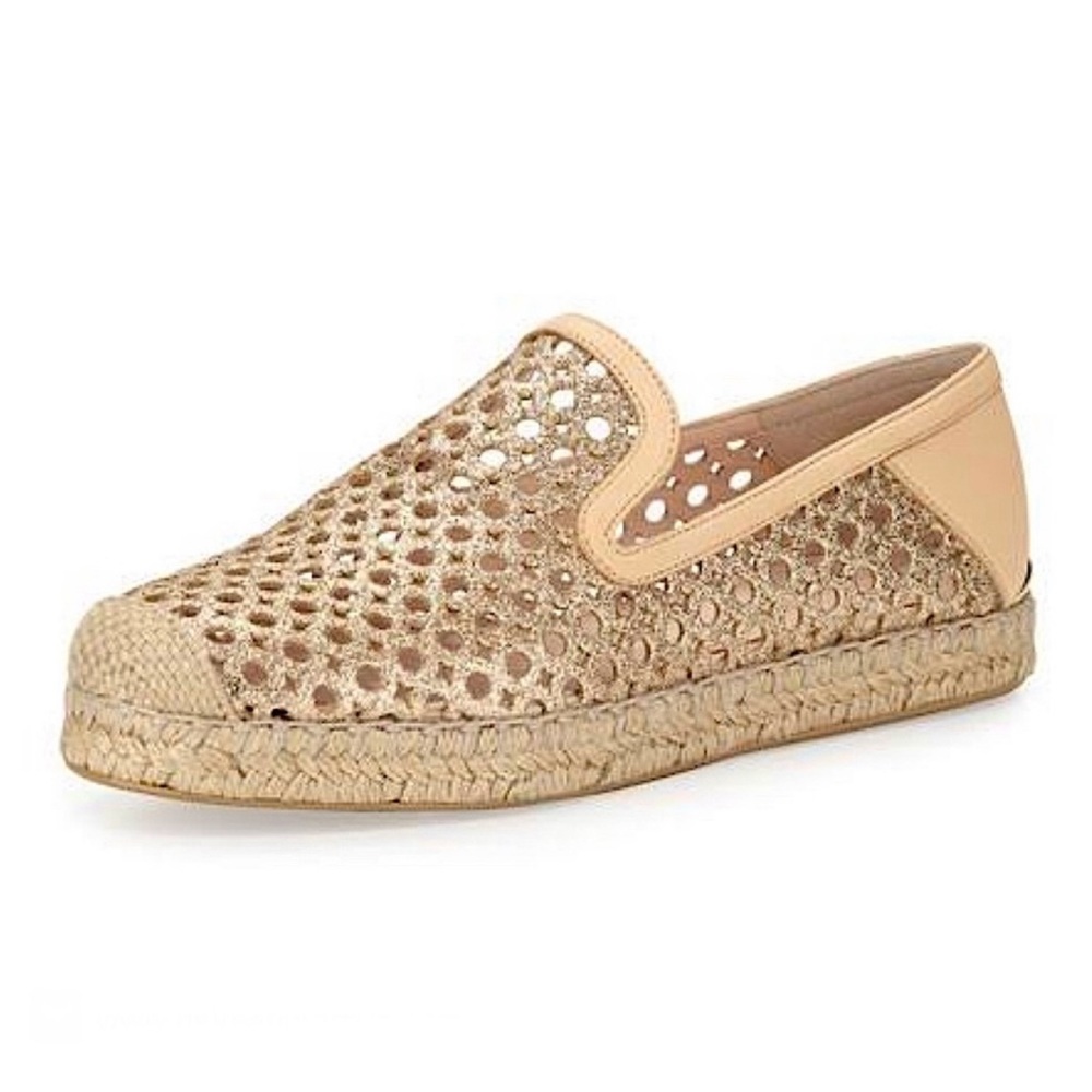 Stuart Weitzman County Perforated Glitter Espadrille Flats Gold Size 7.5
